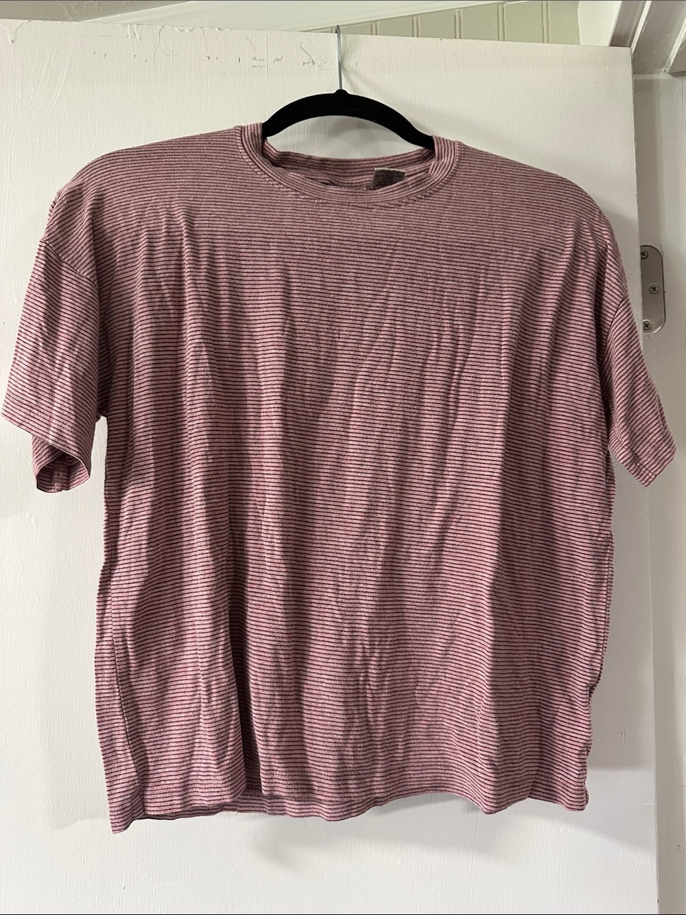 Oversized Short Sleeve Striped Tee in Dusty Rose and White 015